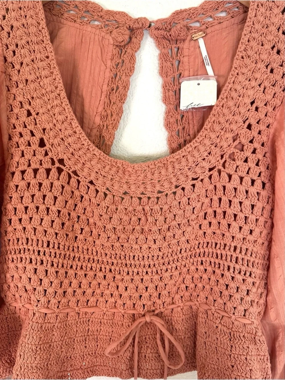🤍 NWT Free People Small Petite Crochet Open Back Boho Peasant Top Terracotta